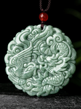 天然正品a货翡翠豆种龙凤牌龙凤呈祥吊坠情侣挂件项链男女款玉坠