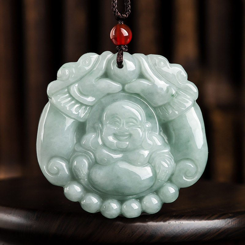天然正品缅甸a货保真翡翠双龙笑佛弥勒佛吊坠冰种玉石挂件女玉器