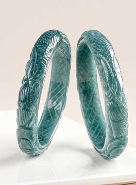 天然A货翡翠蓝水正圈立体雕刻凤凰手镯平安镯冰种玉石镯子女手饰