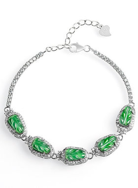 高档天然正品A货翡翠阳绿树叶手链冰种玉石S925银镶女款时尚手饰
