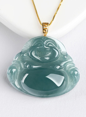 正品天然a货翡翠蓝水佛公18K金扣镶冰种玉石吊坠女款项链高档挂件