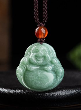 天然正品a货保真翡翠豆绿佛公弥勒佛冰种挂坠玉石吊坠挂件女玉器