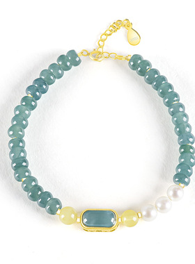 天然A货翡翠蓝水算盘珠S925银镶手链冰种玉石女款时尚高档饰品