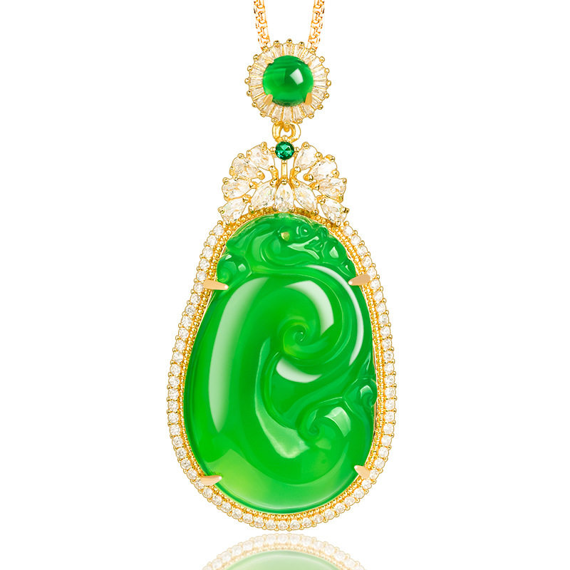 正品天然绿玛瑙如意铜镀金镶冰种玉石吊坠玉坠女款项链时尚挂件