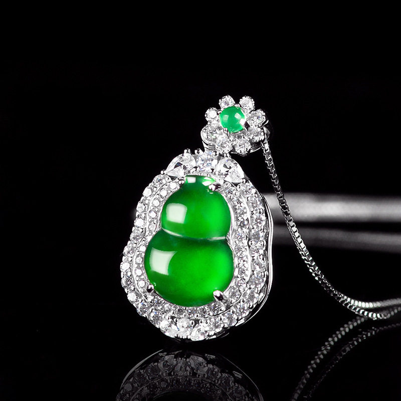 天然A货翡翠阳绿葫芦冰种玉石吊坠S925银镶玉坠女款项链时尚挂件