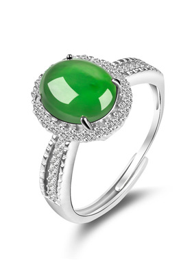 S925银镶天然A货翡翠阳绿大蛋面戒指冰种玉石指环女款时尚可调节