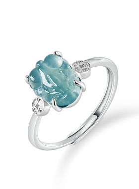 S925银镶嵌天然A货翡翠蓝水貔貅冰种玉石皮丘时尚指环女戒可调节