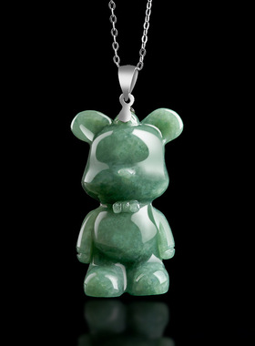 天然正品A货翡翠小熊吊坠S925银镶豆种玉石挂件女款玉坠时尚可爱