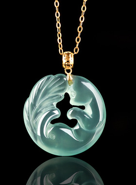 正品天然A货翡翠蓝水九尾狐玉石吊坠18K金镶冰种挂坠时尚女款玉坠