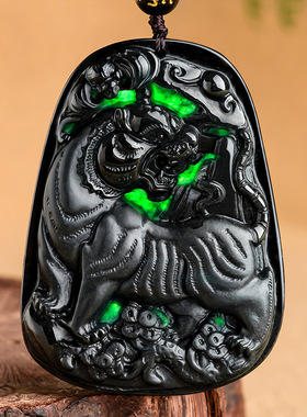 天然a货翡翠墨玉虎牌老虎吊坠墨翠冰种玉石男女项链挂件玉佩饰品
