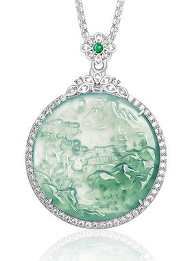 天然a货翡翠蓝水山水牌S925银镶冰种玉石吊坠玉坠男女款项链挂件