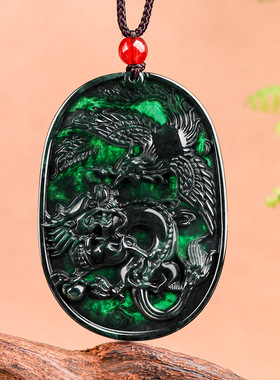 天然正品墨翠A货翡翠龙凤呈祥玉石吊坠时尚高档挂件男女款首饰