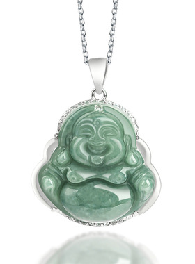 天然正品翡翠a货豆种佛公笑佛吊坠S925银镶嵌玉石女款挂件玉器