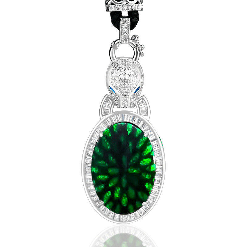 高档天然墨翠A货翡翠豹头大蛋面吊坠透绿玉石S925银镶嵌时尚设计