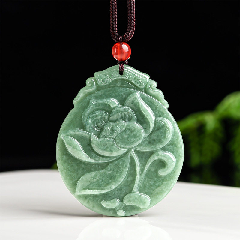 天然正品A货保真翡翠莲花荷花吊坠豆种玉石挂件花件女款玉坠玉器