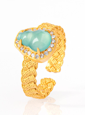 天然A货翡翠蓝水葫芦戒指冰种玉石古法金S925银镶高档女款可调节