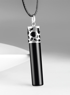 S925银镶嵌天然A货墨玉玉柱玉石吊坠时尚简约男士款女款玉坠饰品