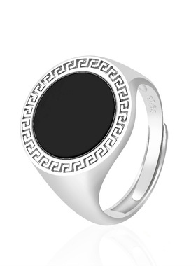 天然正品翡翠A货墨翠圆面戒指S925银镶嵌高档大气可调节男款男戒