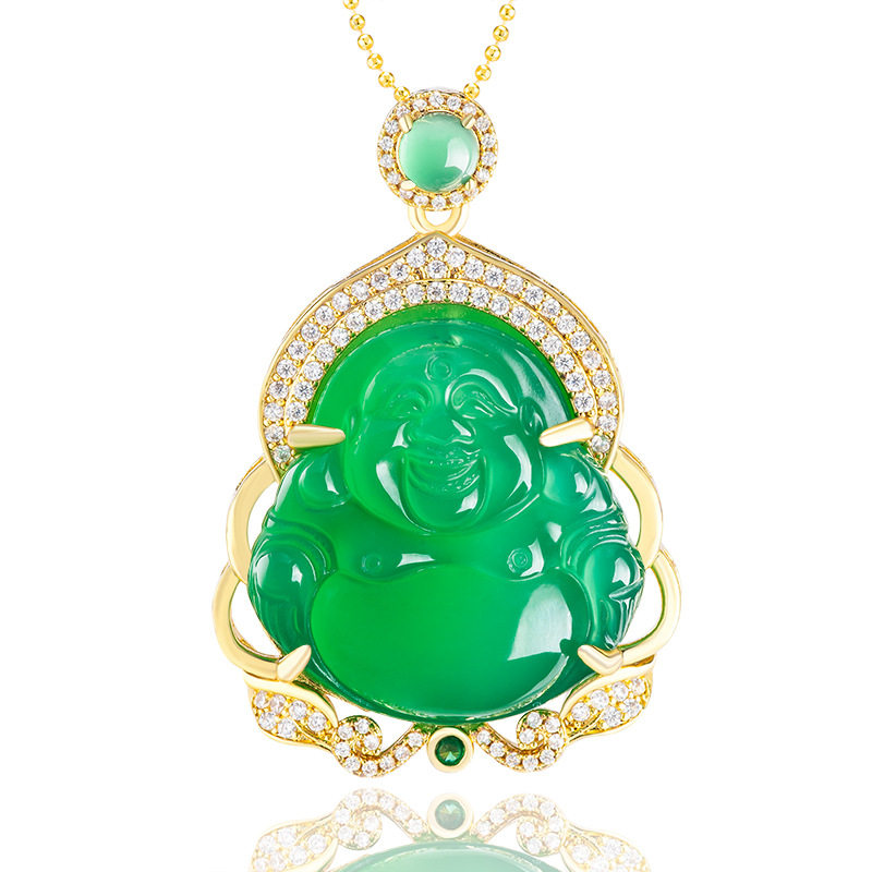 正品天然绿玛瑙佛公铜镀金镶冰种玉石吊坠玉坠女款项链时尚挂件
