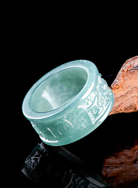 高档天然A货翡翠蓝水六字真言戒指立体雕冰种玉石扳指玉指环男戒