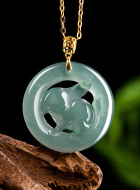 天然A货翡翠蓝水生肖兔吊坠18K金镶嵌冰种玉石挂件可爱女款玉坠