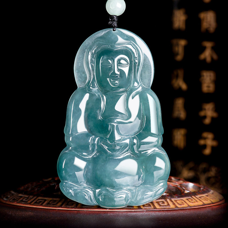 正品天然A货保真翡翠蓝水大观音吊坠冰种玉石挂坠挂件高端男女款