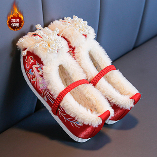 女童棉鞋儿童绣花鞋中国风汉服鞋子2025秋冬季加绒布鞋古风拜年鞋