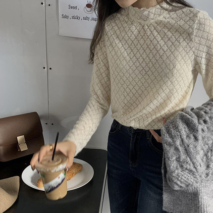2024秋冬新款半高领蕾丝网纱打底衫女韩版甜美洋气内搭长袖上衣薄