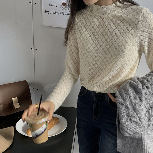 2024秋冬新款半高领女甜美薄蕾丝