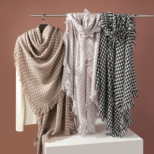 澳毛千鸟格四边须披肩围巾90*200内蒙古源头围巾工厂直发