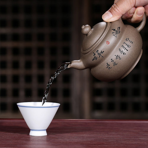 宜兴原矿紫砂壶全手工内壁章青灰泥刻绘葫芦壶精品茶壶i.