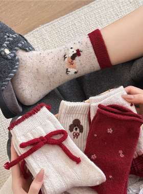 圣诞红色袜子女秋冬羊毛加厚保暖蝴蝶结腊肠狗堆堆袜圆点新年袜