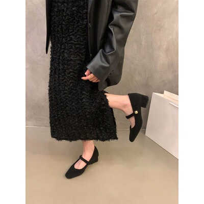 法式中高跟玛丽珍毛毛鞋女鞋子外穿2025秋冬季加绒方头单鞋晚晚鞋