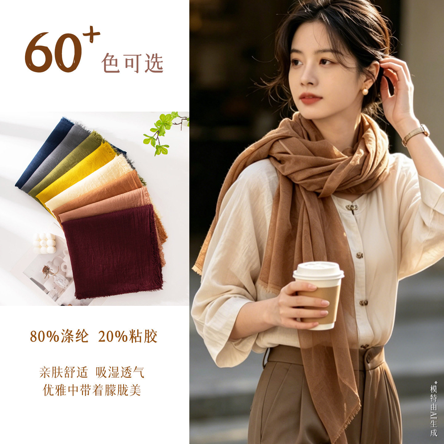女士棉麻围巾披肩夏天薄款感纯色日韩氛围感纱巾简约长条丝巾
