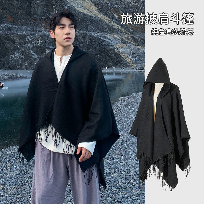 学院风羊毛斗篷男女格纹拼接披风外套 秋冬日系复古文艺青年男装