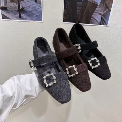 内方头水钻单鞋女鞋子2025秋冬季加绒灰色毛毛鞋玛丽珍晚晚鞋