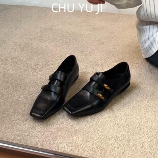 通勤女鞋初遇季英伦风方头小金扣乐福鞋女黑色一脚蹬百搭小皮鞋