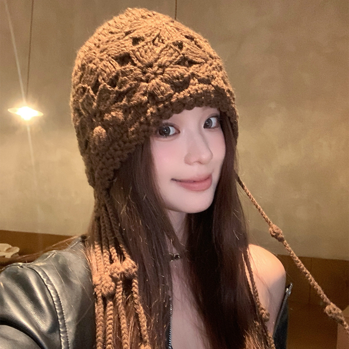 民族风手工双层钩花帽子女复古流苏花朵针织帽出游保暖套头毛线帽