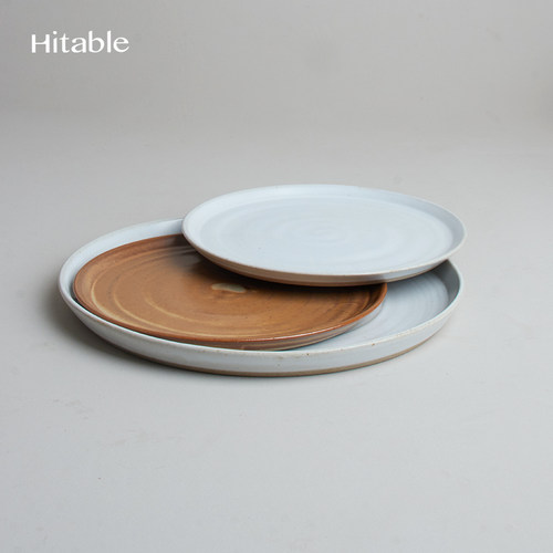 Hitable山野 平盘陶瓷简约浅盘圆形复古圆盘家用餐具创意螺纹盘子
