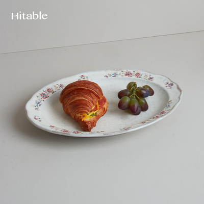 Hitable Grandma's系列花边椭圆盘复古做旧陶瓷鱼盘田园风餐具