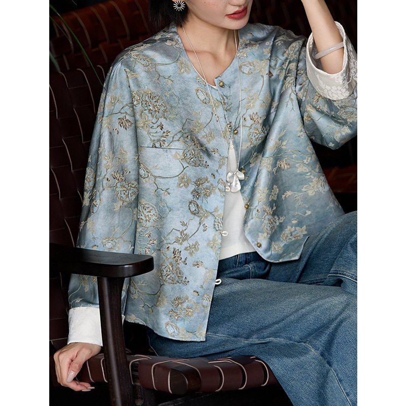 38姆米重工桑蚕丝真丝外套女春26新中式复古国风提花长袖上衣开衫