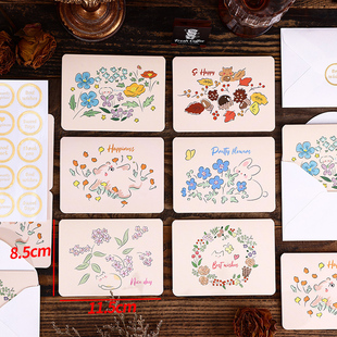 小花动物复古文艺贺卡明信片小卡片手写空白卡片留言心愿烘焙鲜花店生日感谢卡祝福送圣诞节日新年精致感恩卡