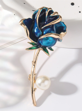 奢华高档玫瑰花胸针女精致珍珠滴油别针优雅气质西装礼服百搭配饰