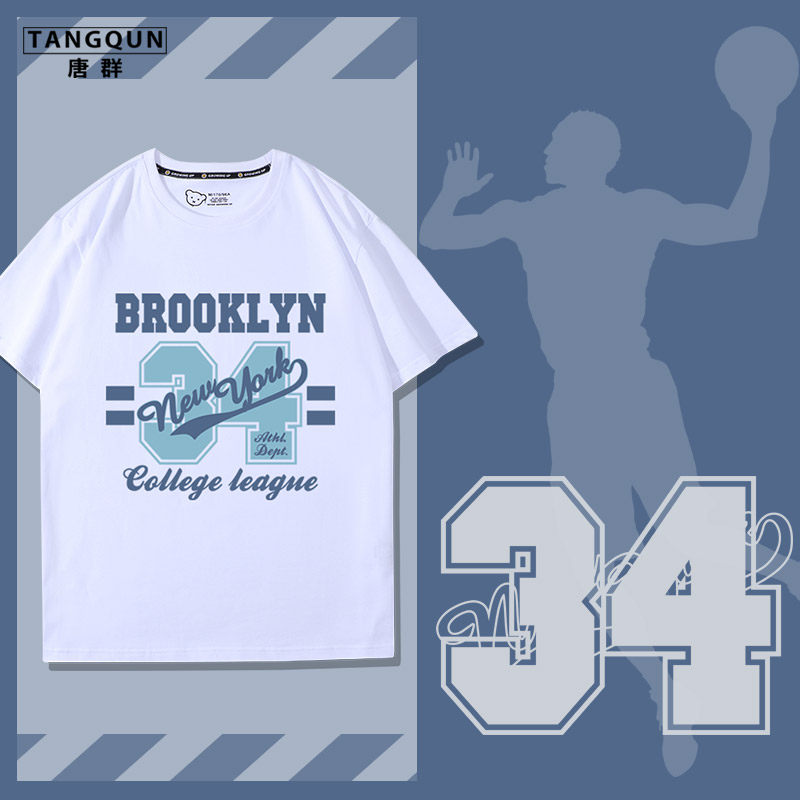 美式复古英文字母T恤运动34号篮网队篮球印花短袖男夏季纯棉体恤
