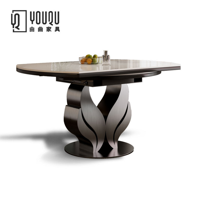 亮光岩板餐桌现代简约轻奢家用小户型高端设计可伸缩折叠圆形饭桌