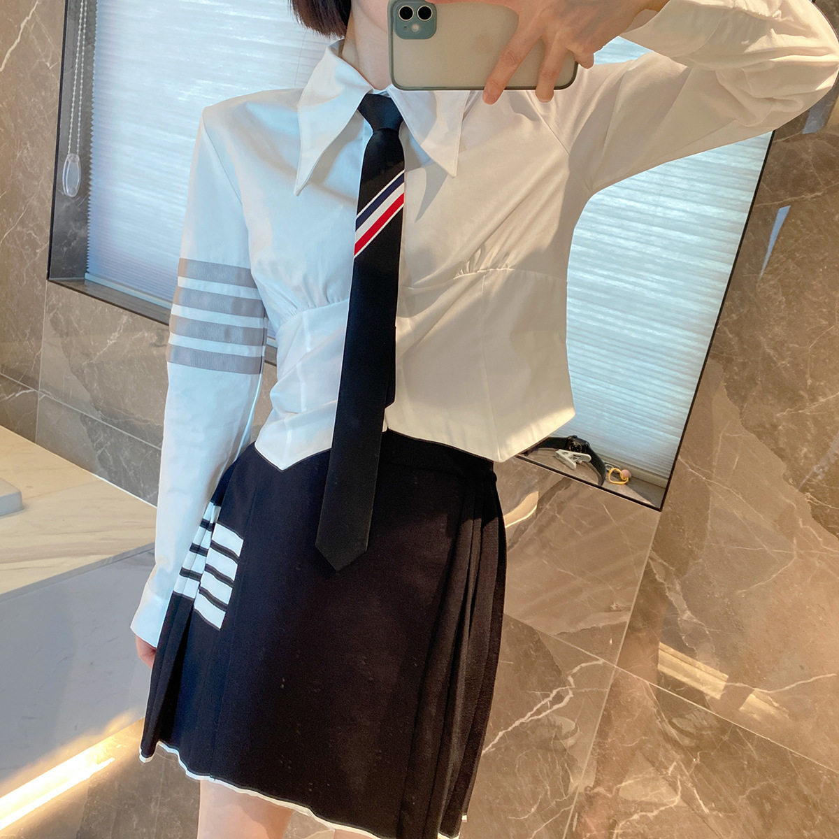 TB印花长袖衬衫女23早春夏新款棉白色减龄百搭休闲领带衬衣潮女