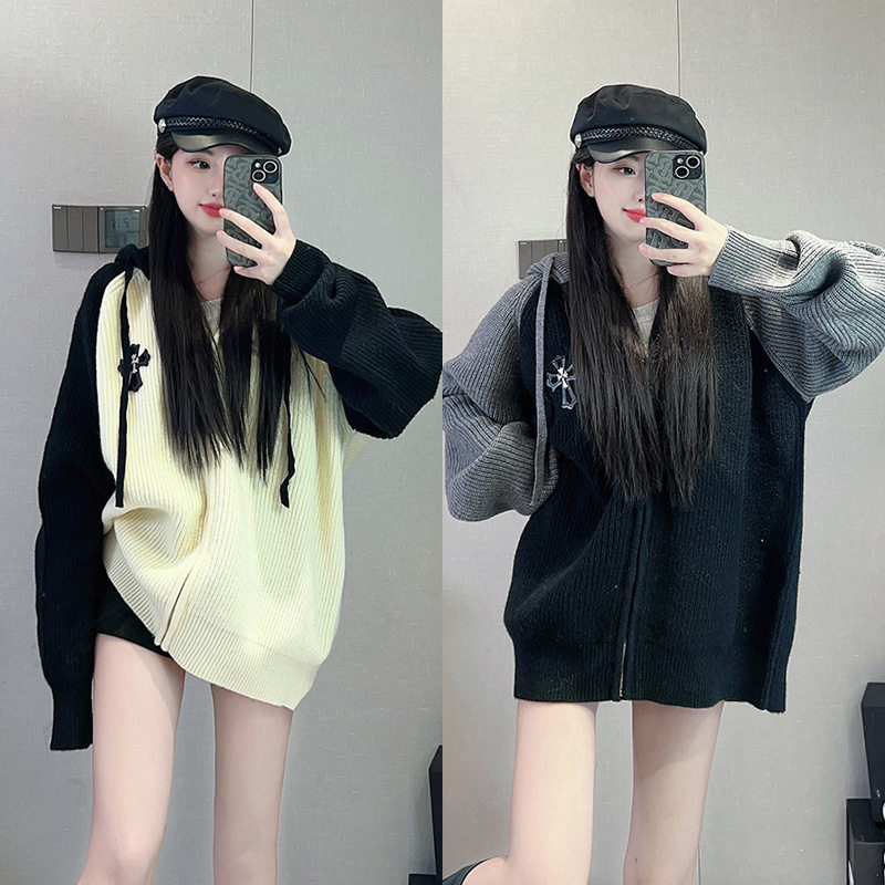 小众设计感十字架撞色连帽拉链针织开衫显瘦插肩袖中长款卫衣女