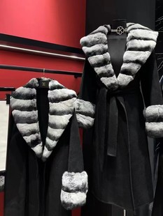 2024秋冬新款双面羊绒大衣外套女中长款修身显瘦獭兔龙猫毛袖皮草