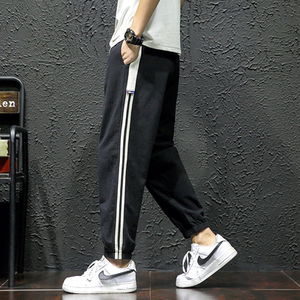 批35！夏季男士条纹休闲裤棉麻束脚裤哈伦裤九分裤
