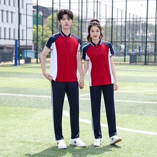 夏季小学生蓝色校服短袖初中高中生班服套装男女蓝色运动服团体服